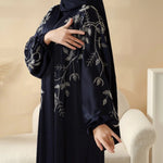 Load image into Gallery viewer, Navy Blue Pleated Abaya Set | Beaded Robe Abaya with Silver Embroidery (ABA168)
