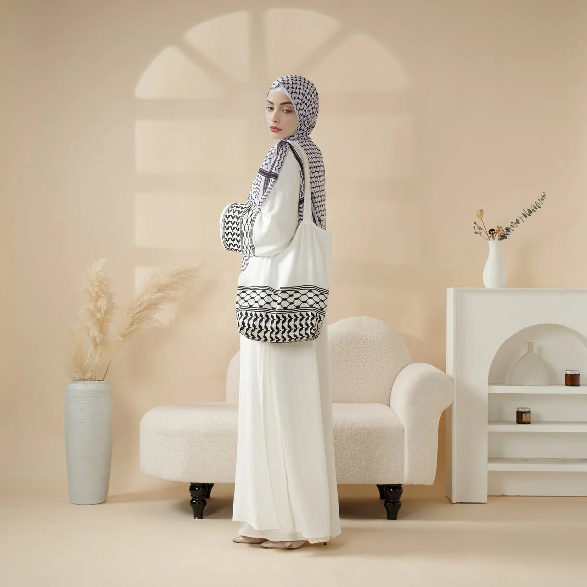 Palestinian Keffiyeh-Inspired Abaya with Matching Crossbody Bag Keffiyeh Abaya (AA131)