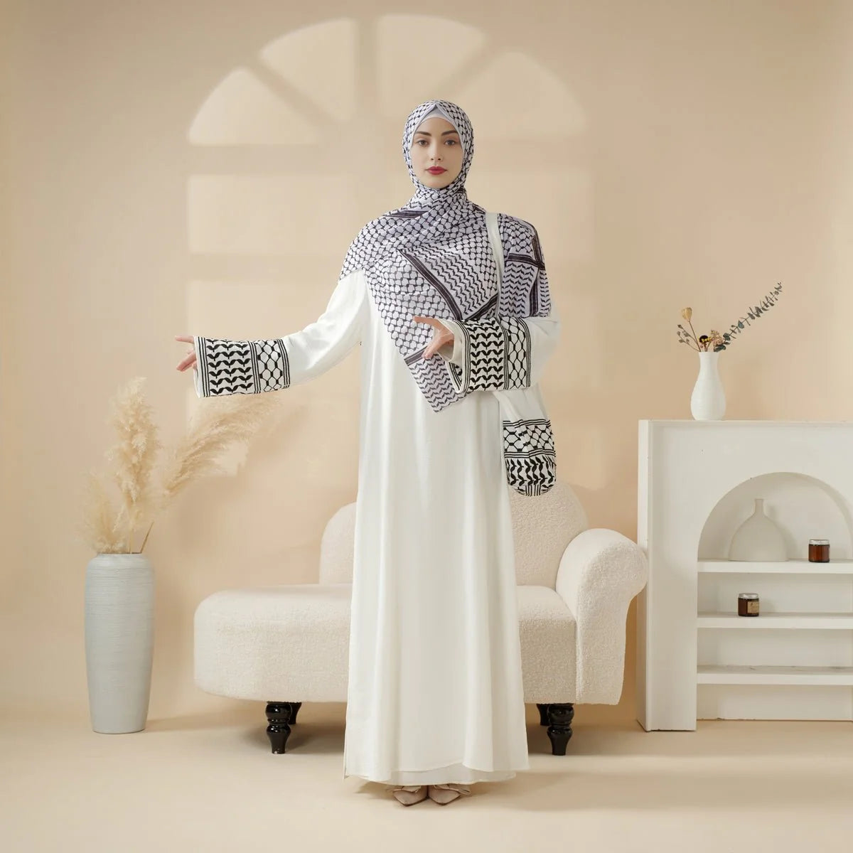Palestinian Keffiyeh-Inspired Abaya with Matching Crossbody Bag Keffiyeh Abaya (AA131)