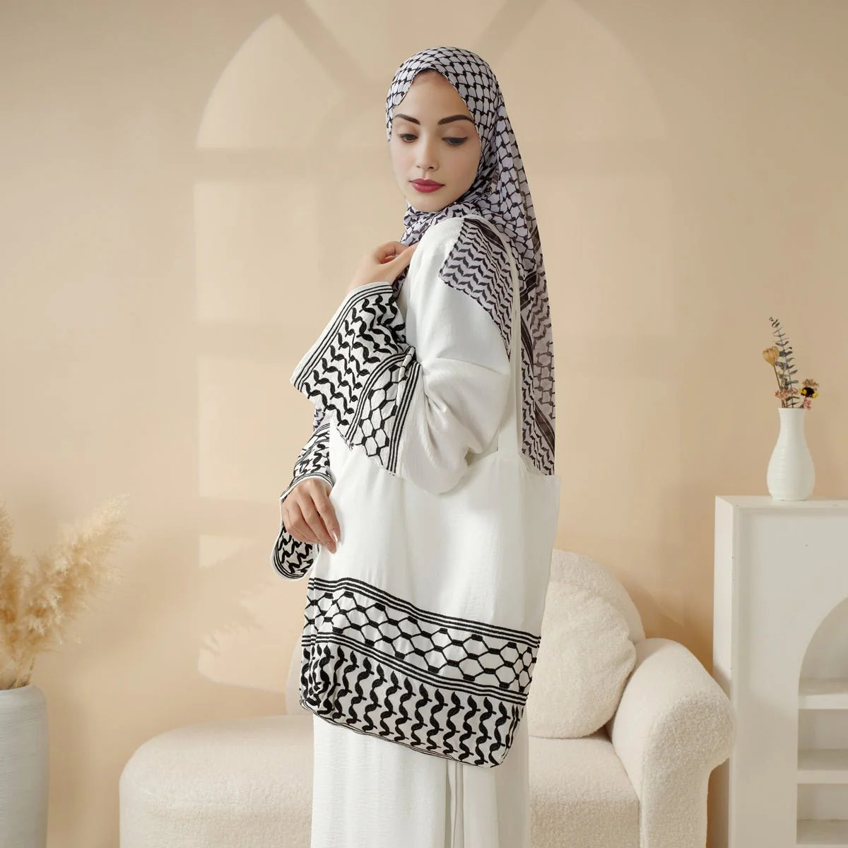 Palestinian Keffiyeh-Inspired Abaya with Matching Crossbody Bag Keffiyeh Abaya (AA131)