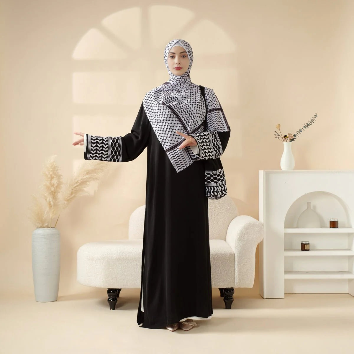 Palestinian Keffiyeh-Inspired Abaya with Matching Crossbody Bag Keffiyeh Abaya (AA131)