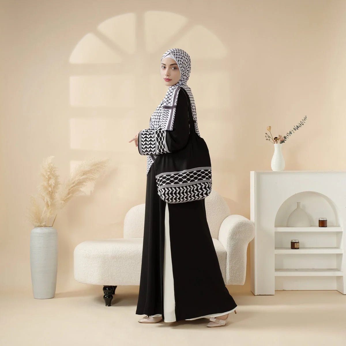 Palestinian Keffiyeh-Inspired Abaya with Matching Crossbody Bag Keffiyeh Abaya (AA131)