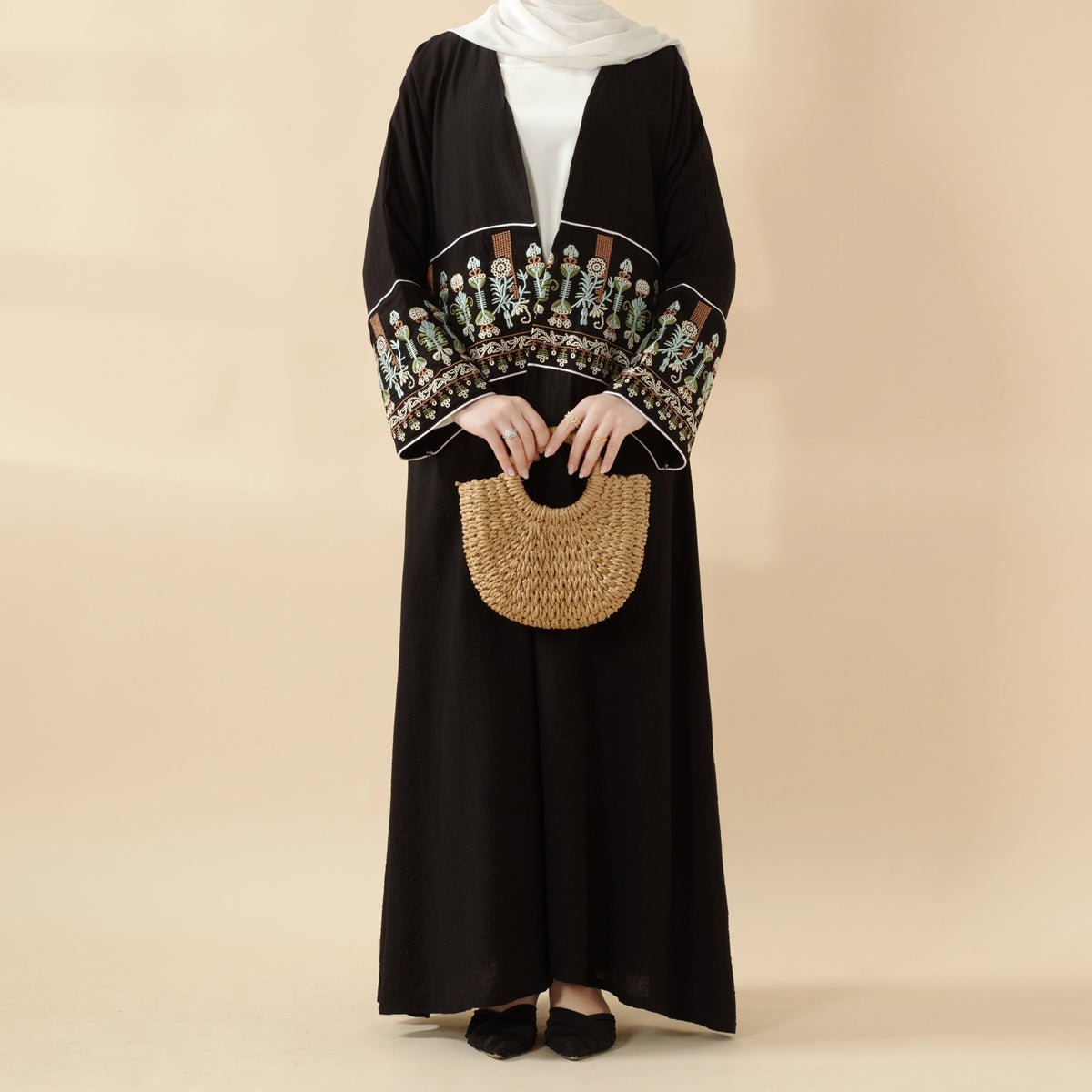 Floral Embroidered Crepe Open Abaya (ABA128)