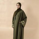 Load image into Gallery viewer, Olive Branch Embroidered Linen Abaya Set With Matching Belt & Hijab (ABA037)