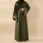 Load image into Gallery viewer, Olive Branch Embroidered Linen Abaya Set With Matching Belt & Hijab (ABA037)