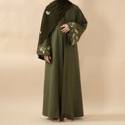 Olive Branch Embroidered Linen Abaya Set With Matching Belt & Hijab (ABA037)