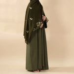 Load image into Gallery viewer, Olive Branch Embroidered Linen Abaya Set With Matching Belt & Hijab (ABA037)