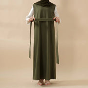 Olive Branch Embroidered Linen Abaya Set With Matching Belt & Hijab (ABA037)
