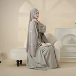 Load image into Gallery viewer, Olive Branch Embroidered Linen Abaya Set With Matching Belt & Hijab (ABA037)