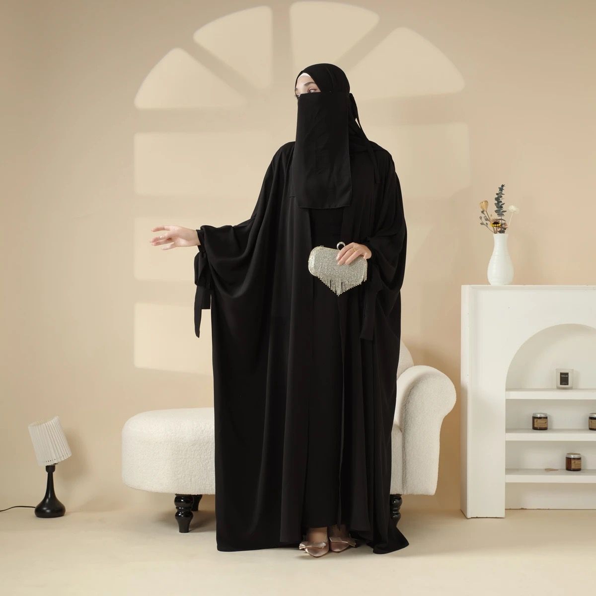 Premium 4pc Black Parda Set Shrug with tie Sleeves + Inner Abaya + Nose Piece + Hijab