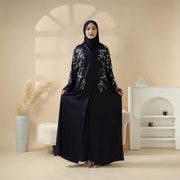 Navy Blue Pleated Abaya Set | Beaded Robe Abaya with Silver Embroidery (ABA168)