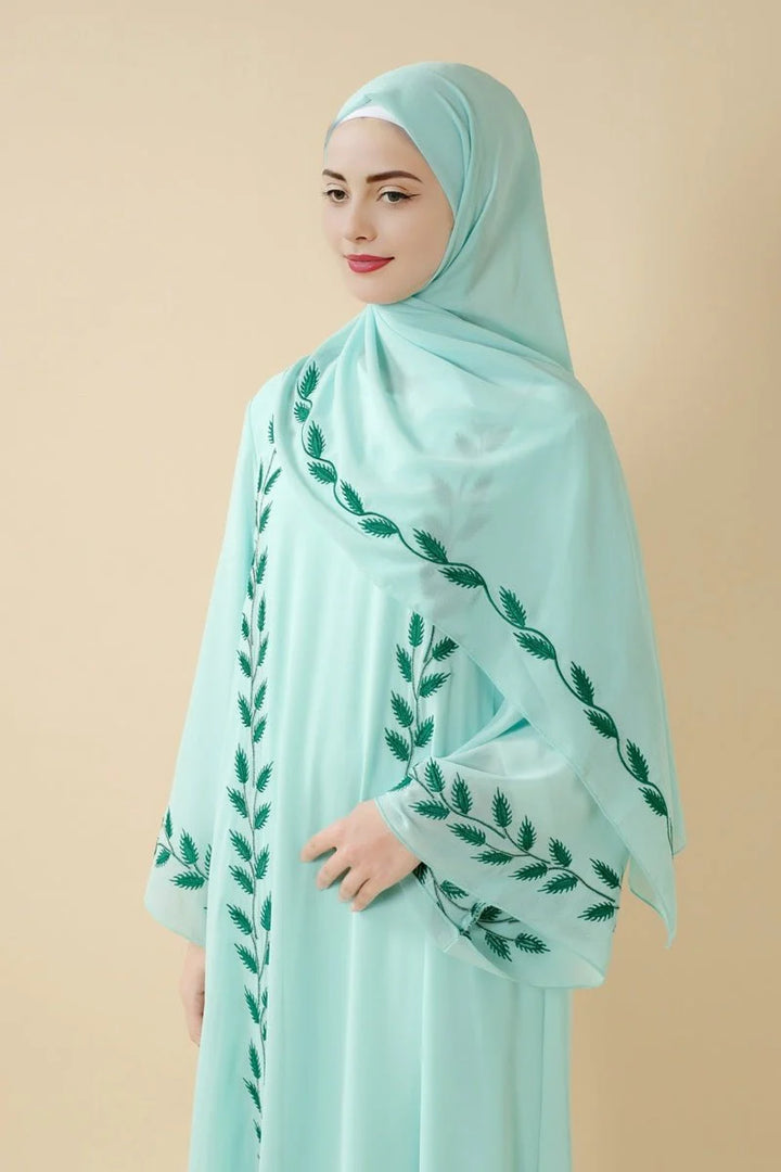 Elegant Crew Neck Long Sleeve Chiffon Abaya Dress with Matching Headscarf (AA230)