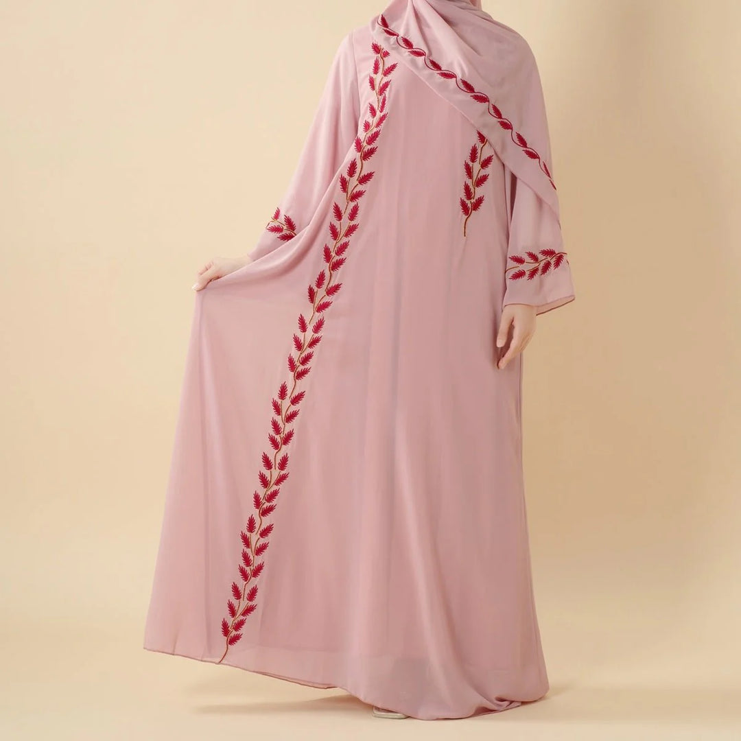 Elegant Crew Neck Long Sleeve Chiffon Abaya Dress with Matching Headscarf (AA230)