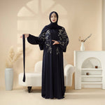Load image into Gallery viewer, Navy Blue Pleated Abaya Set | Beaded Robe Abaya with Silver Embroidery (ABA168)
