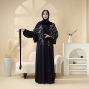 Navy Blue Pleated Abaya Set | Beaded Robe Abaya with Silver Embroidery (ABA168)