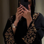 Load image into Gallery viewer, Black Banquet Dress Abaya Set | Embroidered Diamond Elegance 3-Piece Abaya with Hijab (ABA184)
