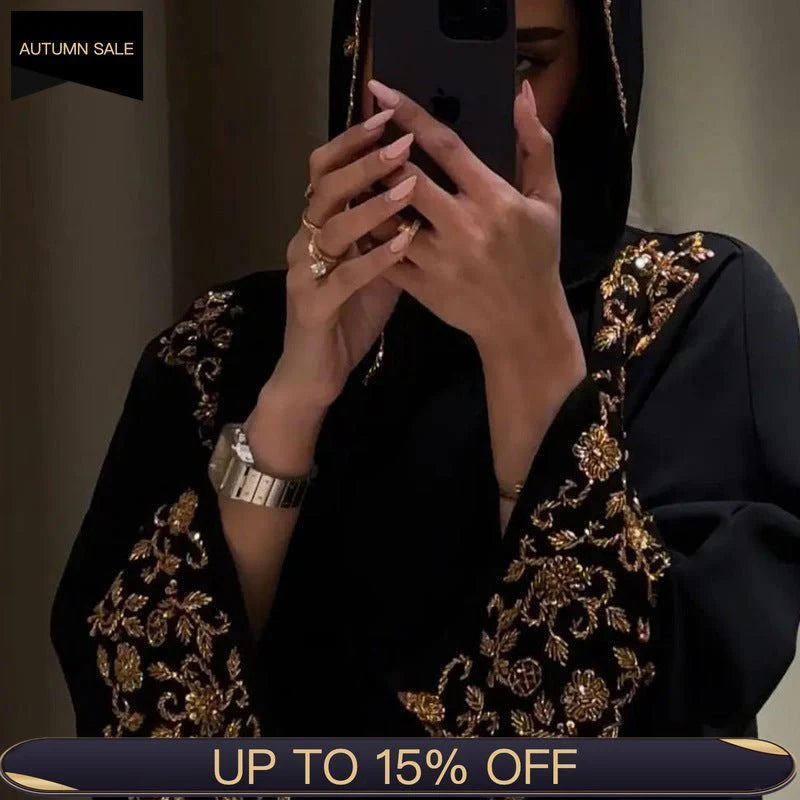 Black Banquet Dress Abaya Set | Embroidered Diamond Elegance 3-Piece Abaya with Hijab (ABA184)