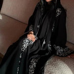 Load image into Gallery viewer, Black Banquet Dress Abaya Set | Embroidered Diamond Elegance 3-Piece Abaya with Hijab (ABA184)
