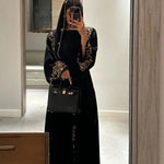 Load image into Gallery viewer, Black Banquet Dress Abaya Set | Embroidered Diamond Elegance 3-Piece Abaya with Hijab (ABA184)
