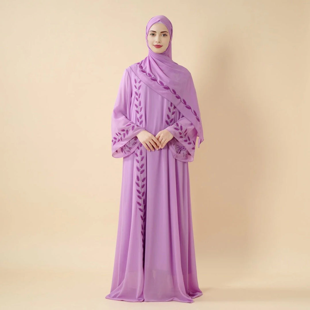 Elegant Crew Neck Long Sleeve Chiffon Abaya Dress with Matching Headscarf (AA230)
