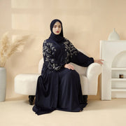 Navy Blue Pleated Abaya Set | Beaded Robe Abaya with Silver Embroidery (ABA168)