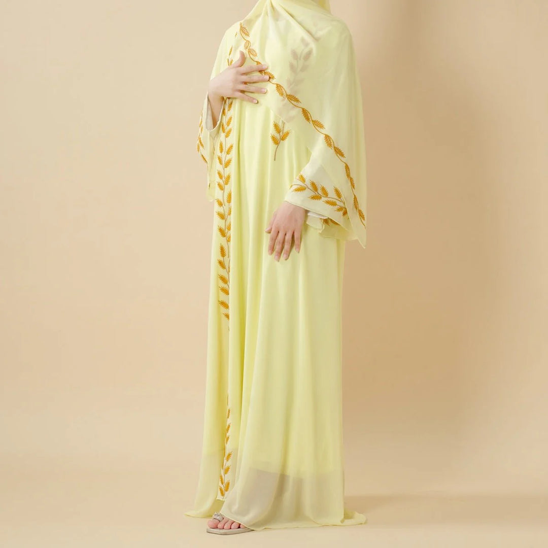 Elegant Crew Neck Long Sleeve Chiffon Abaya Dress with Matching Headscarf (AA230)