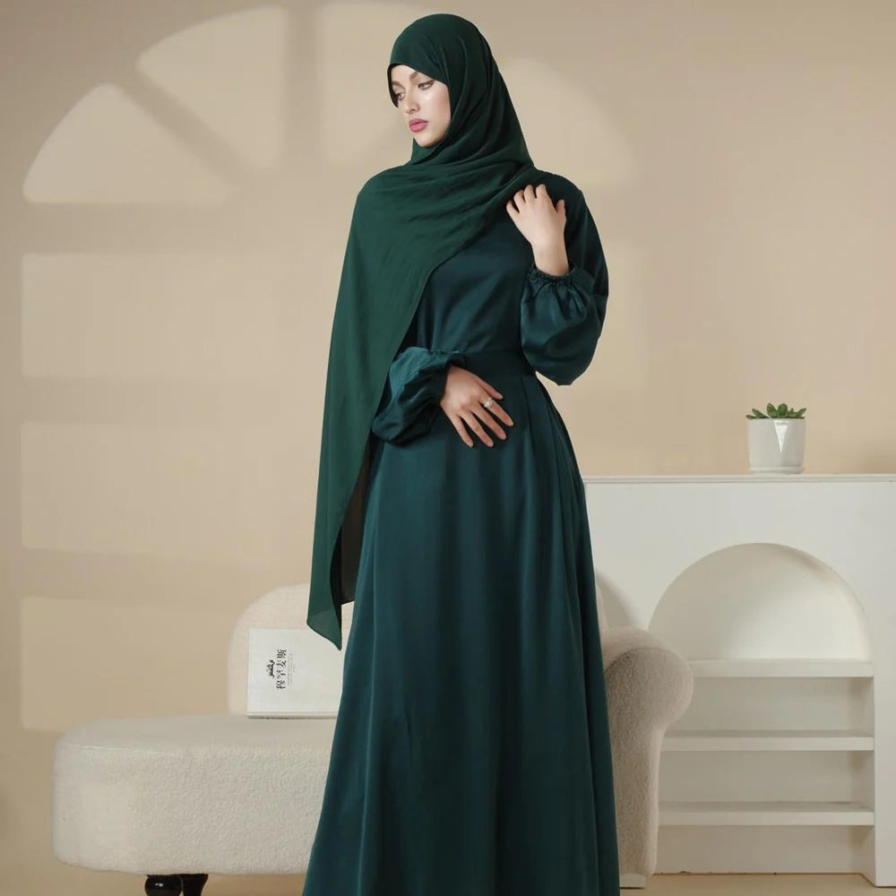 Puff Sleeve Satin Abaya with Pockets 2-Piece Set (AA031)