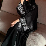 Load image into Gallery viewer, Black Banquet Dress Abaya Set | Embroidered Diamond Elegance 3-Piece Abaya with Hijab (ABA184)
