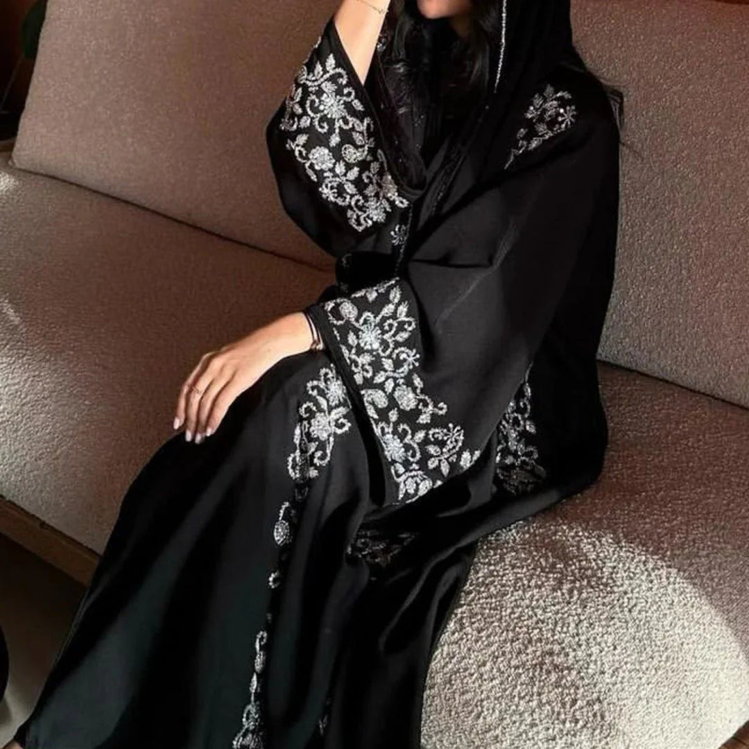 Black Banquet Dress Abaya Set | Embroidered Diamond Elegance 3-Piece Abaya with Hijab (ABA184)