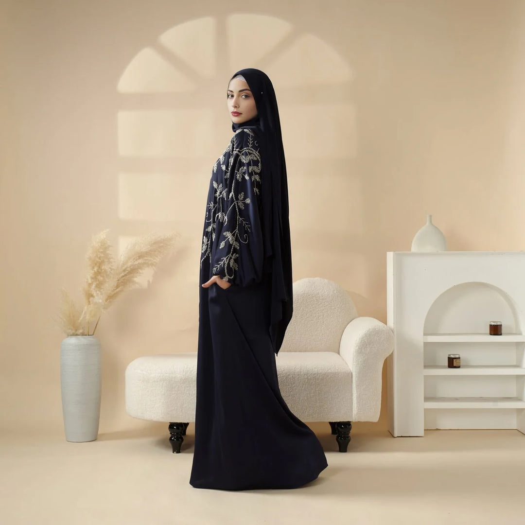 Navy Blue Pleated Abaya Set | Beaded Robe Abaya with Silver Embroidery (ABA168)