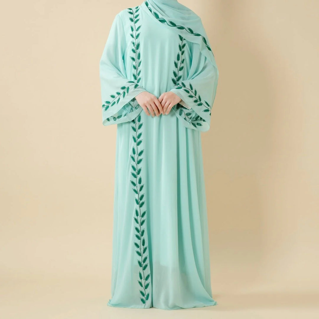 Elegant Crew Neck Long Sleeve Chiffon Abaya Dress with Matching Headscarf (AA230)