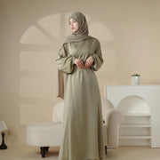 Puff Sleeve Satin Abaya with Pockets 2-Piece Set (AA031)