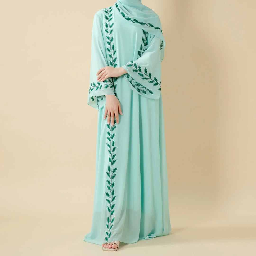 Elegant Crew Neck Long Sleeve Chiffon Abaya Dress with Matching Headscarf (AA230)