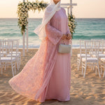 Load image into Gallery viewer, Mesh Flower Bead Open Abaya and Satin Interior Dress 2-Piece Set | Elegant Muslim Wedding Guest Outfit(ABA222)