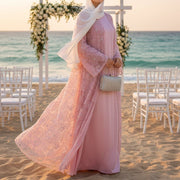 Mesh Flower Bead Open Abaya and Satin Interior Dress 2-Piece Set | Elegant Muslim Wedding Guest Outfit(ABA222)