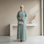 Load image into Gallery viewer, Mesh Flower Bead Open Abaya and Satin Interior Dress 2-Piece Set | Elegant Muslim Wedding Guest Outfit(ABA222)