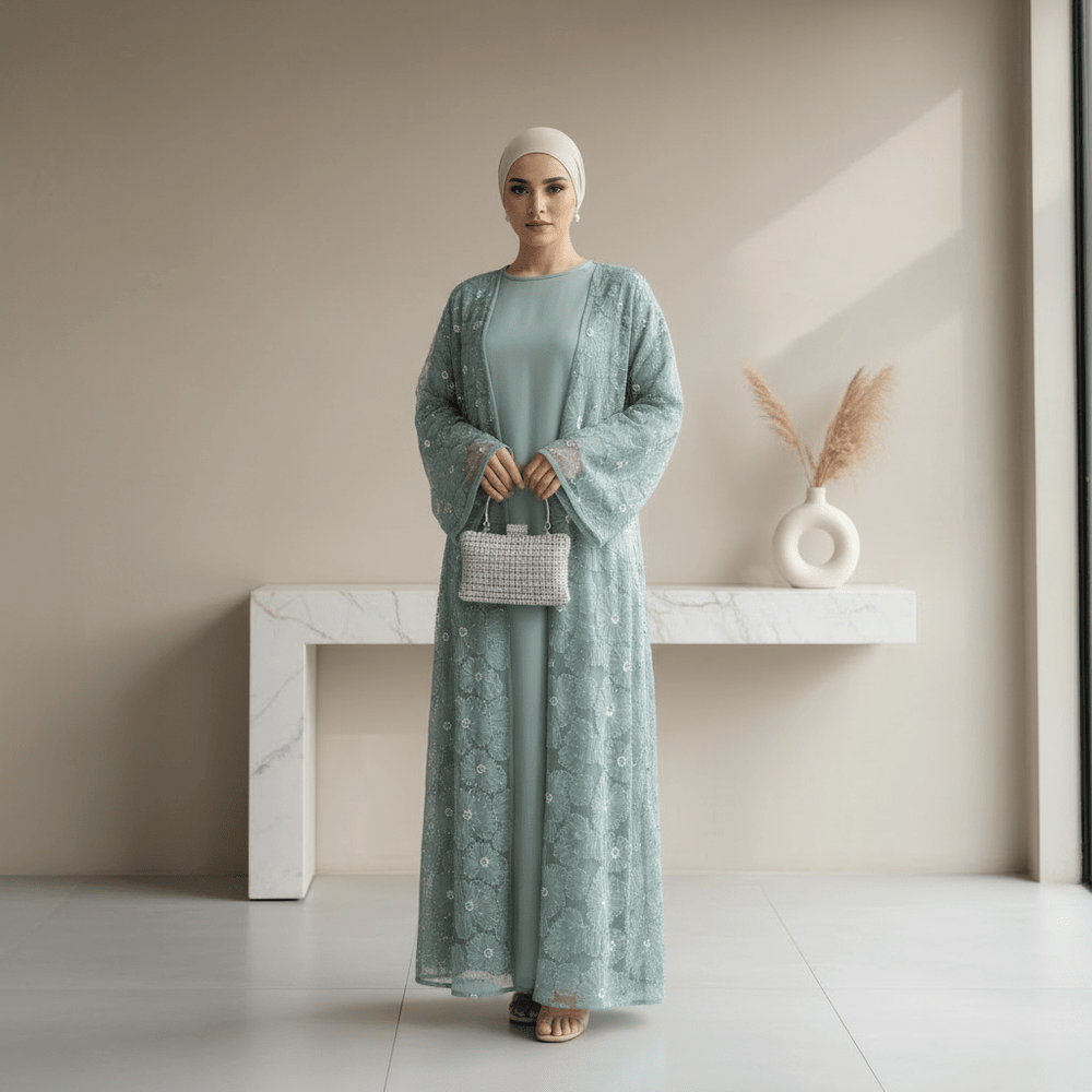 Mesh Flower Bead Open Abaya and Satin Interior Dress 2-Piece Set | Elegant Muslim Wedding Guest Outfit(ABA222)