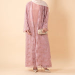 Load image into Gallery viewer, Mesh Flower Bead Open Abaya and Satin Interior Dress 2-Piece Set | Elegant Muslim Wedding Guest Outfit(ABA222)