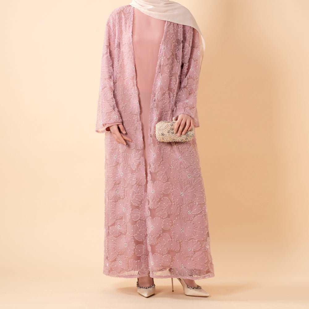 Mesh Flower Bead Open Abaya and Satin Interior Dress 2-Piece Set | Elegant Muslim Wedding Guest Outfit(ABA222)