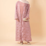 Mesh Flower Bead Open Abaya and Satin Interior Dress 2-Piece Set | Elegant Muslim Wedding Guest Outfit(ABA222)