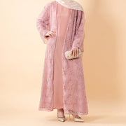 Mesh Flower Bead Open Abaya and Satin Interior Dress 2-Piece Set | Elegant Muslim Wedding Guest Outfit(ABA222)