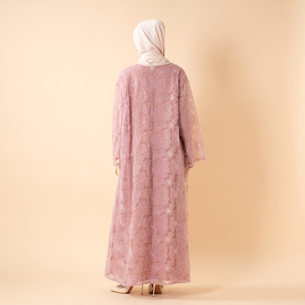 Mesh Flower Bead Open Abaya and Satin Interior Dress 2-Piece Set | Elegant Muslim Wedding Guest Outfit(ABA222)