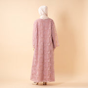 Mesh Flower Bead Open Abaya and Satin Interior Dress 2-Piece Set | Elegant Muslim Wedding Guest Outfit(ABA222)