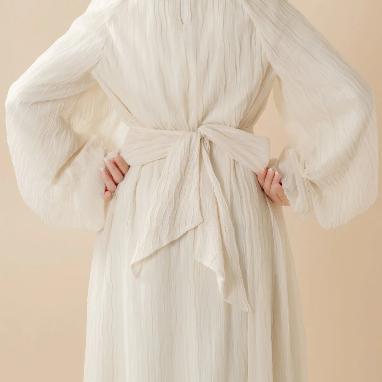 Cream White Puff Sleeves Abaya | Pleat Textured Maxi Dress Abaya (AB152)