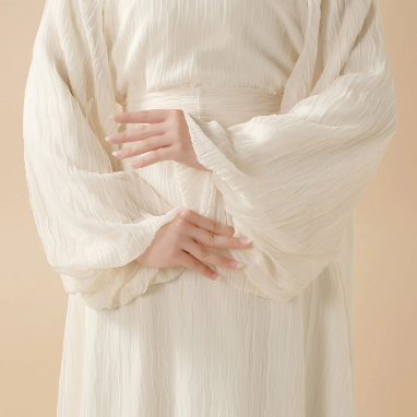 Cream White Puff Sleeves Abaya | Pleat Textured Maxi Dress Abaya (AB152)
