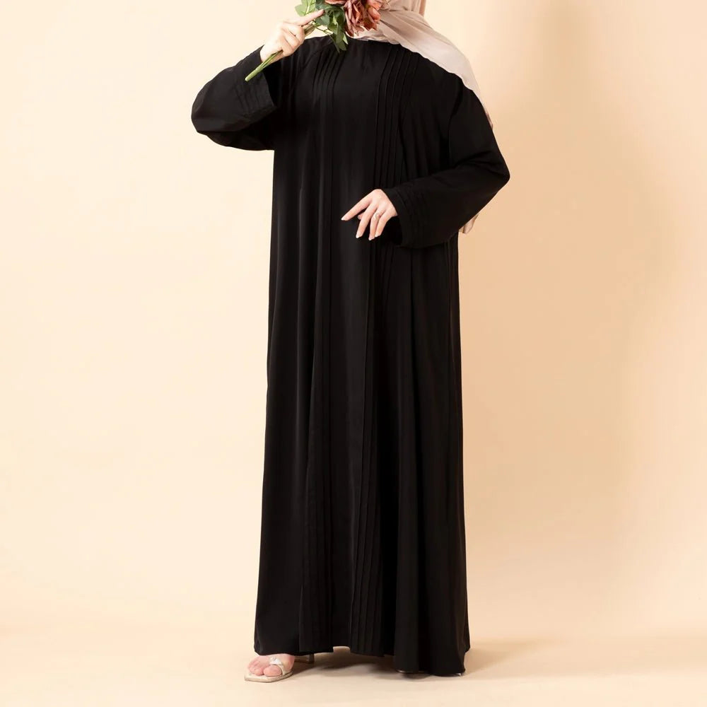 Elegant Pleated Georgette Maxi Dress Abaya | Long Sleeve Modest Dress with Hidden Pockets (AA254)