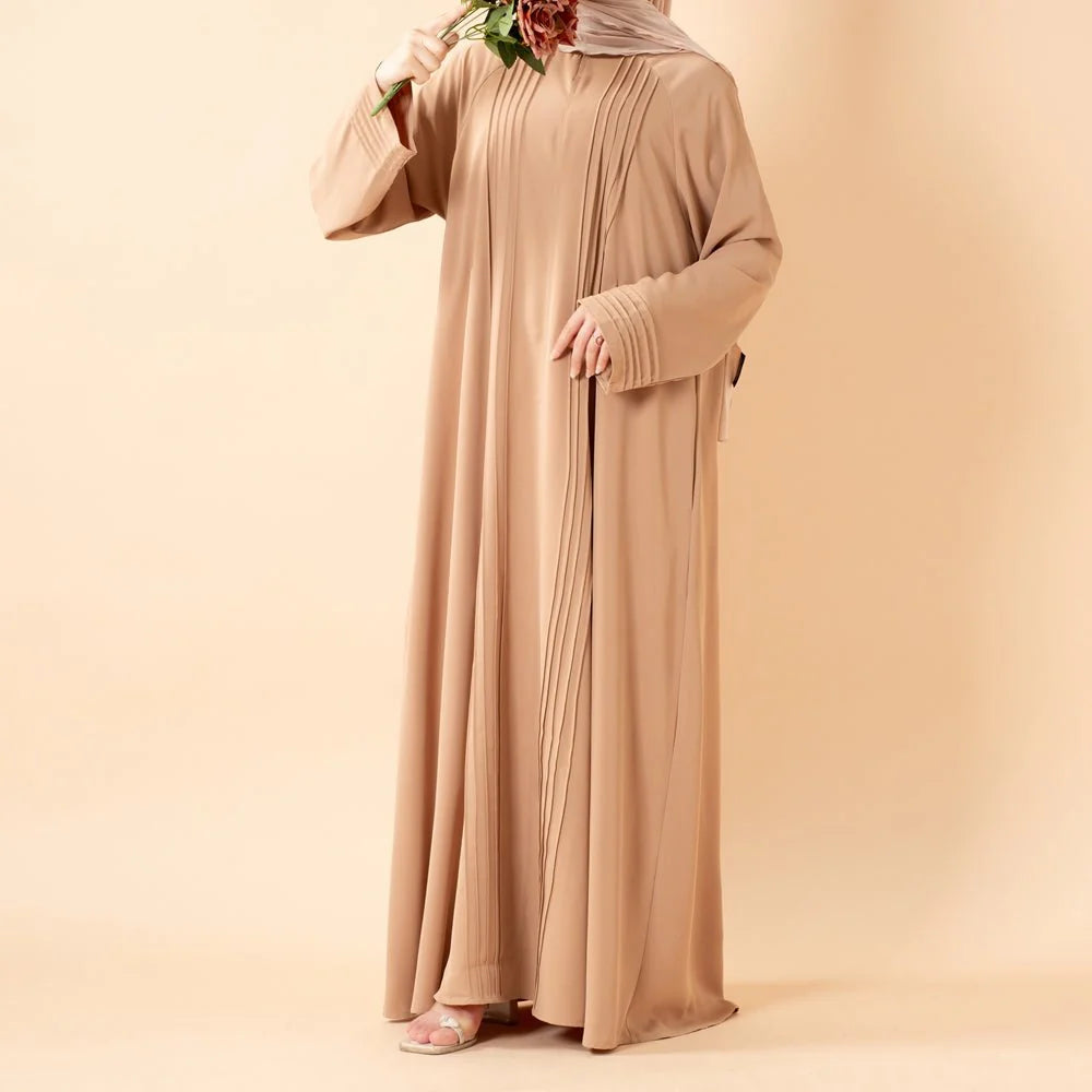 Elegant Pleated Georgette Maxi Dress Abaya | Long Sleeve Modest Dress with Hidden Pockets (AA254)
