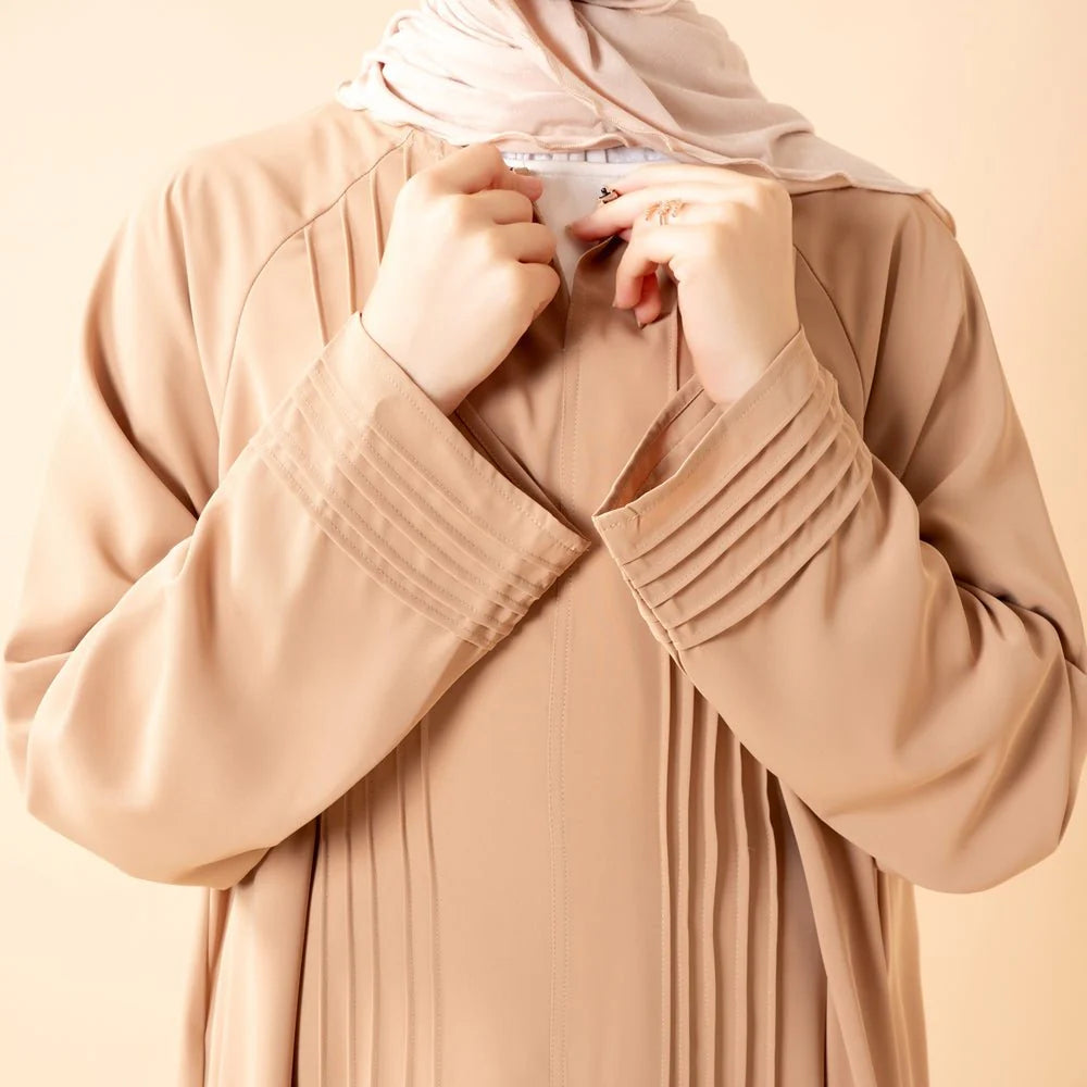 Elegant Pleated Georgette Maxi Dress Abaya | Long Sleeve Modest Dress with Hidden Pockets (AA254)