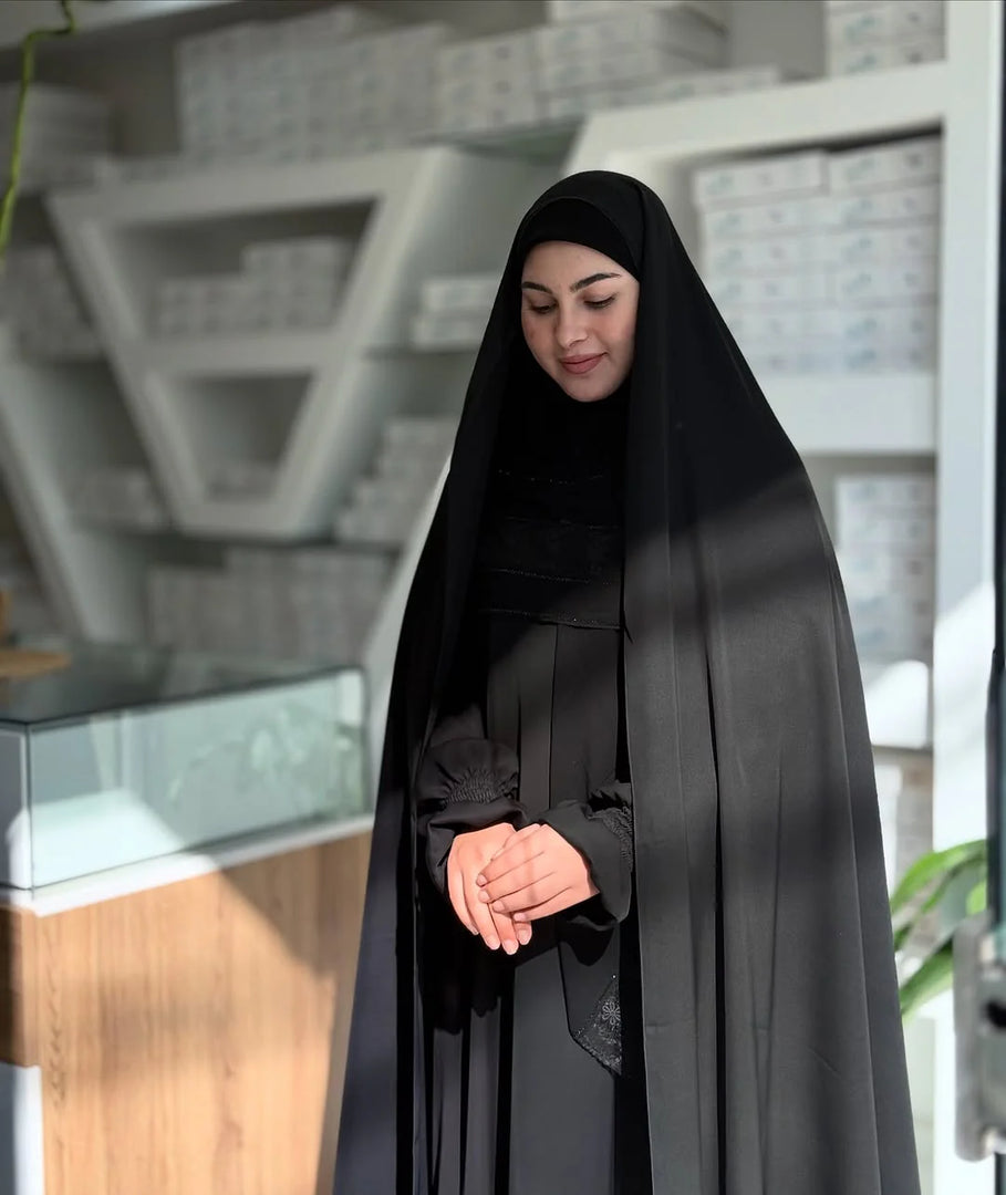 Irani Rida (Without Sleeves) - Firdaus Matte Finish Pure Black Fabric