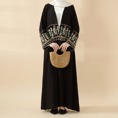 Floral Embroidered Crepe Open Abaya (ABA128)